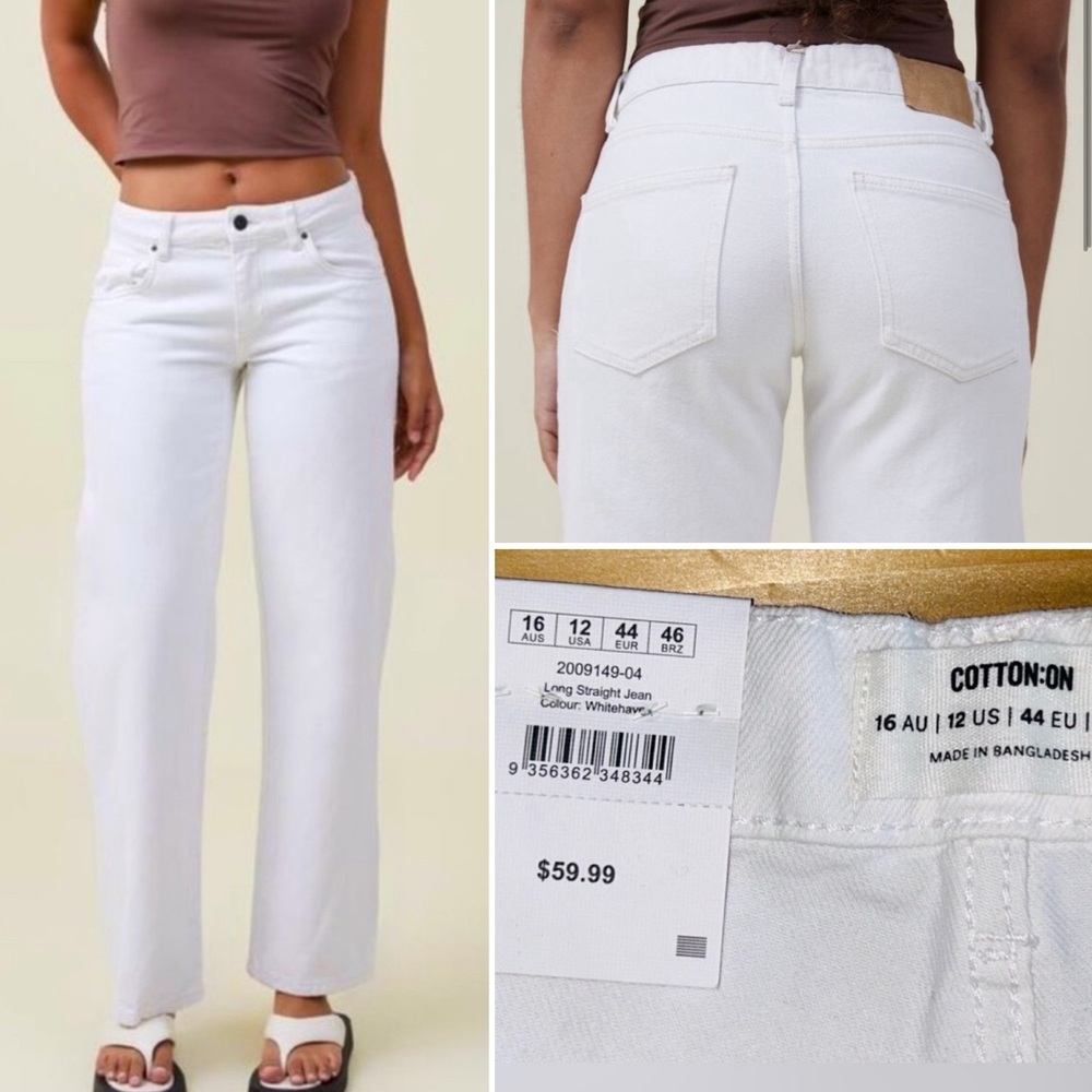 NEW Cotton On Ladies White Long Straight Leg Jeans, US Size 12 NWT
